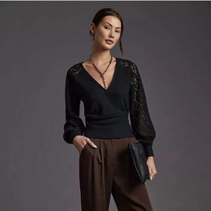 7   Share  Anthropologie Women's Sz XL Black Lace Long Sleeve Wrap Sweater Ribbe